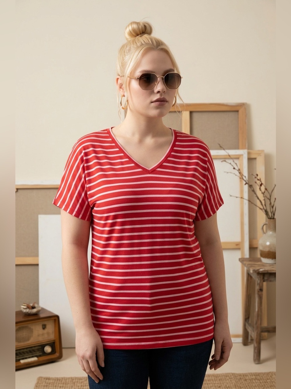 NWOT Plus Size Classic Red White Stripe V Neck Short Sleeve Blouse Tee Shirt 3XL